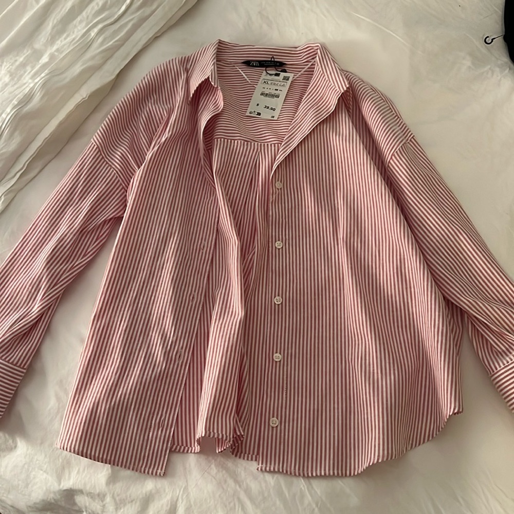 Nwt Zara Red/White Stripe Button Down - image 1